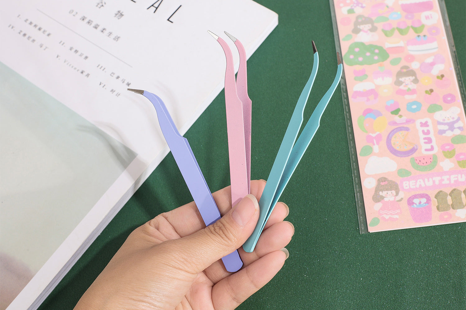 Macaron Tweezer Set Pastel Colors Straight and Elbow Tweezer