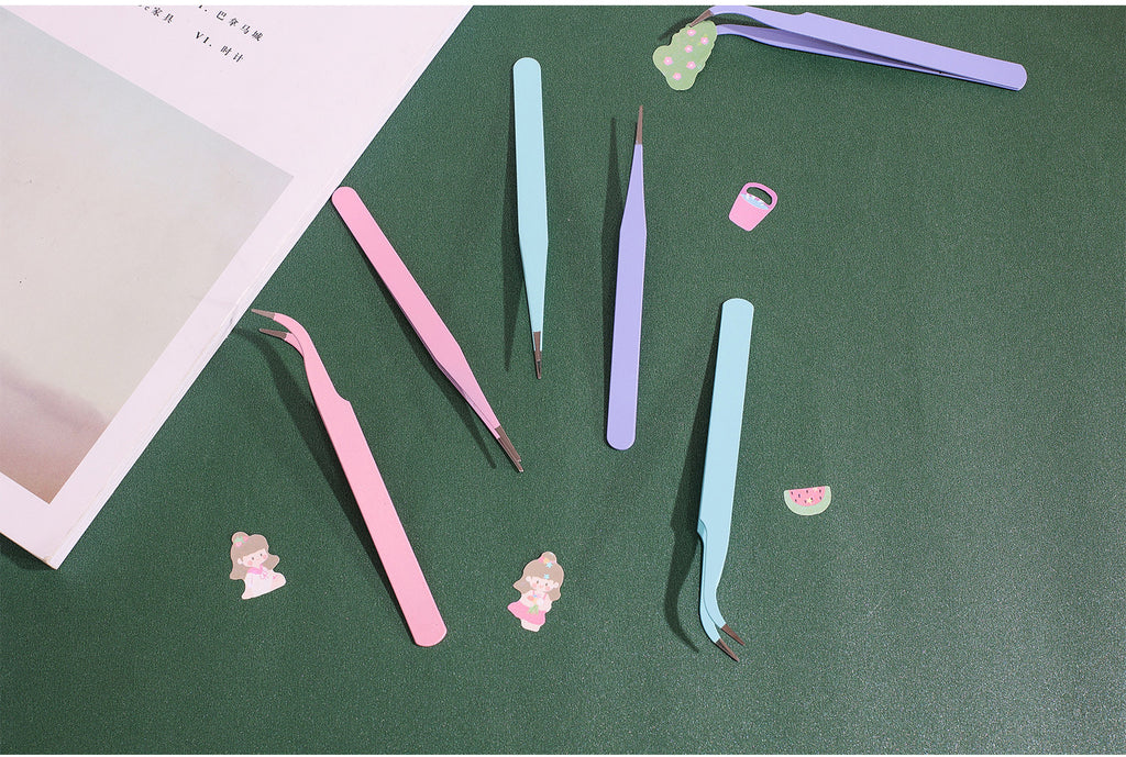 Macaron Tweezer Set Pastel Colors Straight and Elbow Tweezer